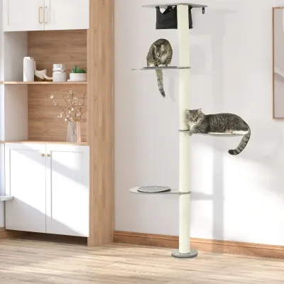 Kratzbaum mit Hängematte, 3 Ebenen, Sisalseil, Grau + Natur