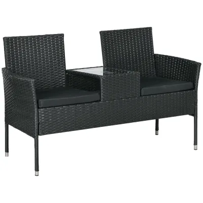 Rattan-Gartensofa 2-Sitzer mit Kaffeetisch, Schwarz