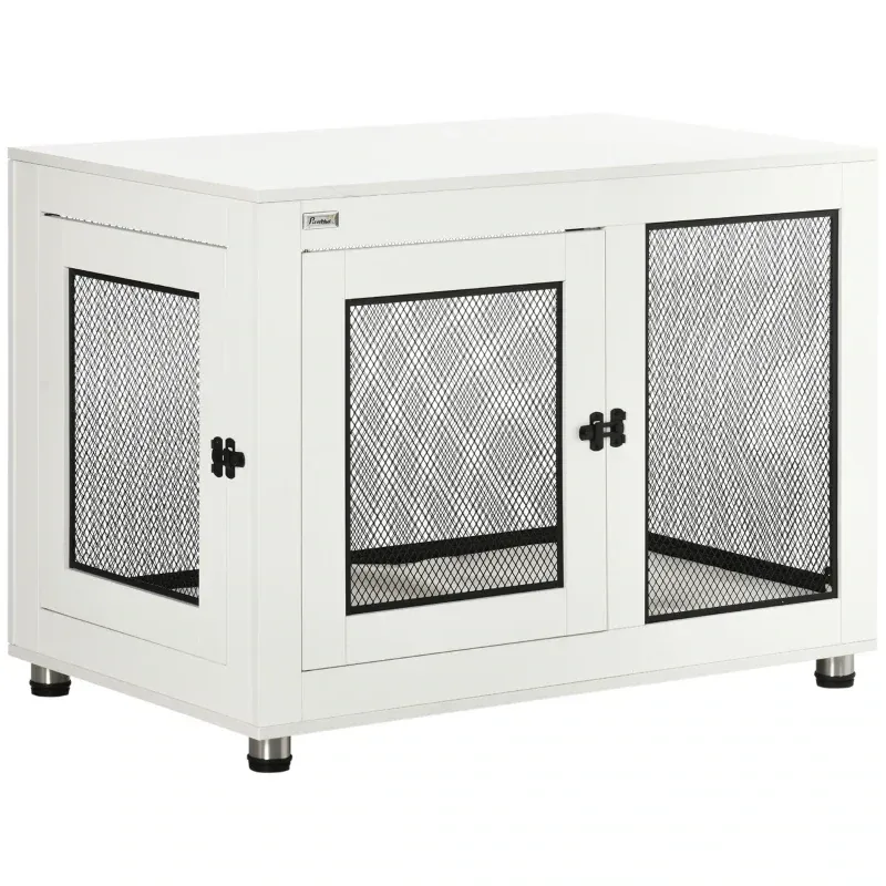 Heim-Hundebox (94x60x71,5cm) – weiche Matte, verriegelbar, Weiss/Schwarz