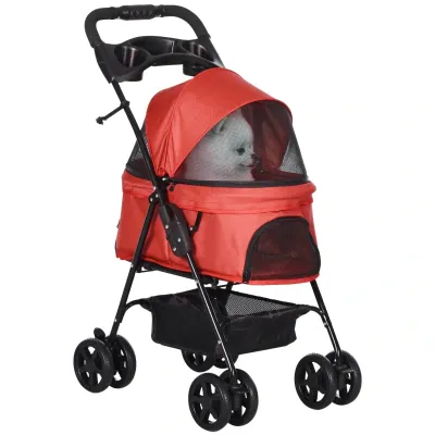 Hundebuggy, Hundewagen, Pet Stroller klappbar – Netzfenster, Korb, Becherhalter, Rot