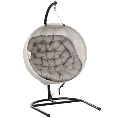 Eiförmiger Hängekorb, Hängesessel mit Schaukelfunktion und faltbarem Korb, Gartenstuhl, Becherhalter, Sandbraun