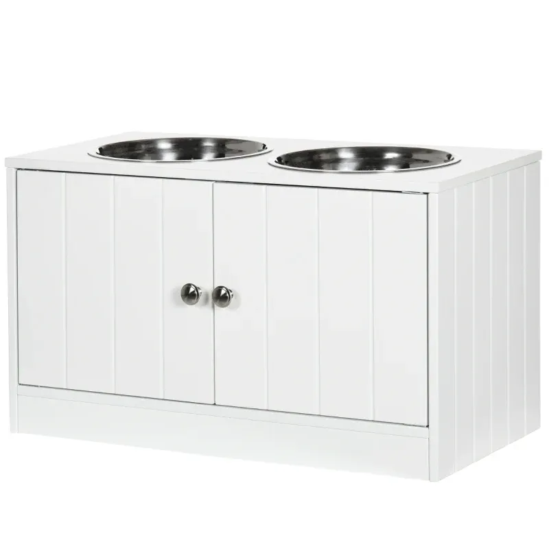 Hunde Futterstation – 2 Näpfe Edelstahl, Schrankfach 44L, Weiss