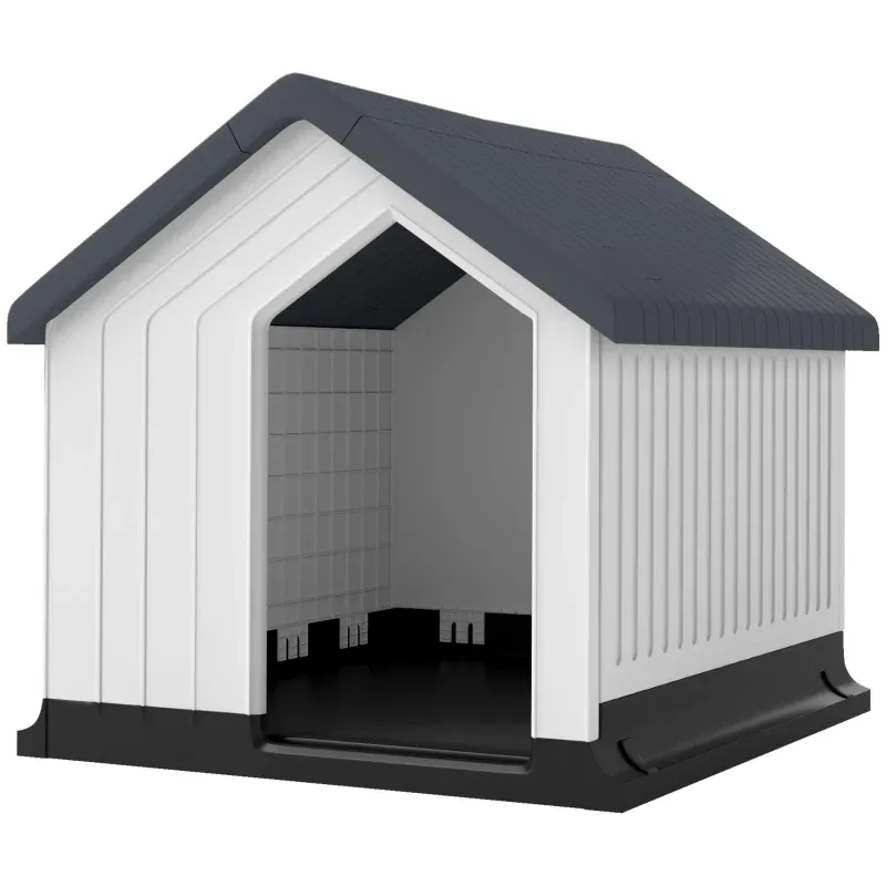 Hundehütte wetterfest – Fenster, Tür, kleine Hunde, Grau/Weiss