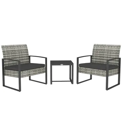 Rattan-Garten-Lounge Set 3-teilig 2 Stühle mit Kissen + Couchtisch mit Glasplatte Grau