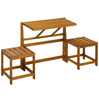 Balkon-Set, Picknick-Set 2-in-1-Kombination, Tisch mit 2 Hockern, Lärchenholz, wetterfest, Teak