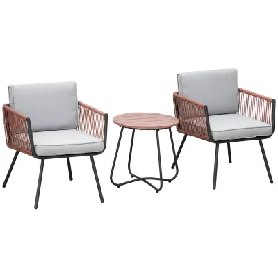 3-teiliges Rattan-Gartenmöbel-Set, 2 Sessel + Couchtisch, inkl. Kissen, Teak Grau Orange