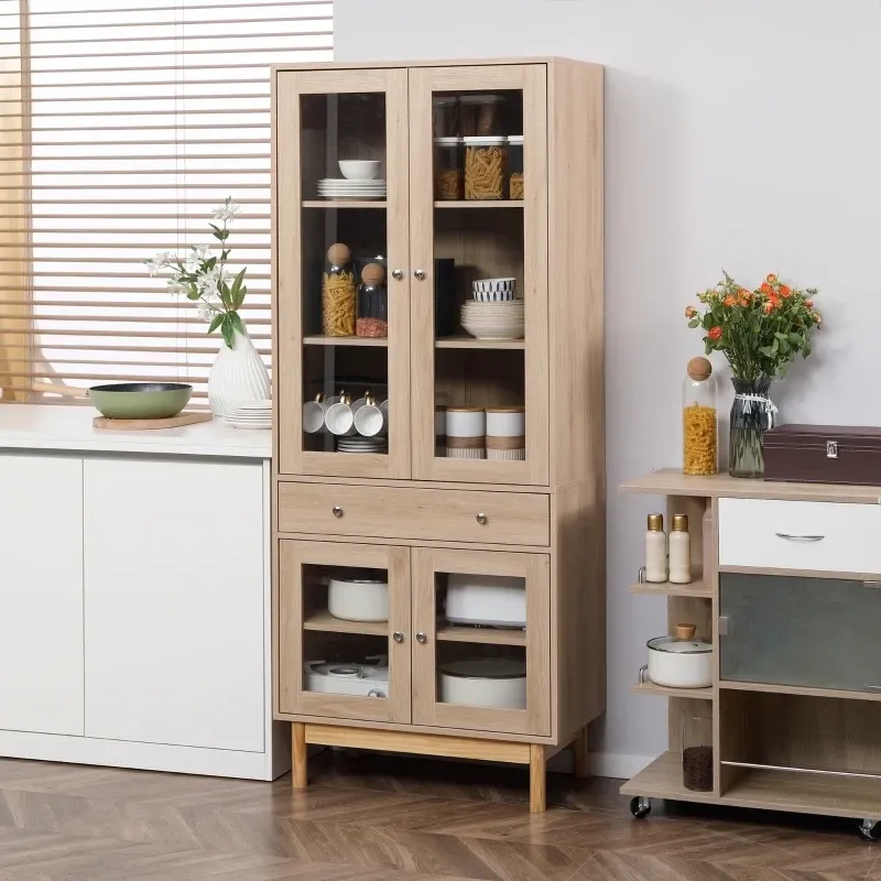 Küchenschrank Vitrinenschrank, 5 Staufächer, Schublade, Glastür, Kippschutz, Holz, Eiche