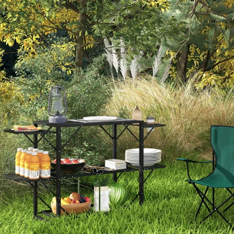 Campingtisch Picknicktisch Outdoor-Küchenschrank, klappbar, wetterbeständig, 126 cm x 44 cm x 80 cm, Schwarz