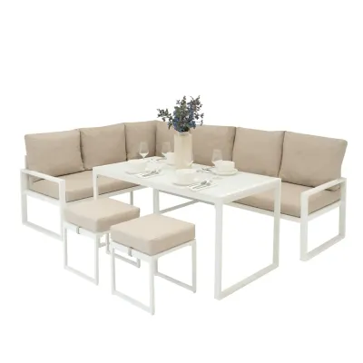 Aluminium Ecksofa‑Set 5‑teilig – Weiss + 582L Rattan‑Box | Gehärtetes Glas