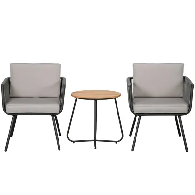 3-teiliges Rattan-Gartenmöbel-Set, 2 Sessel + Couchtisch mit Kissen, Grau