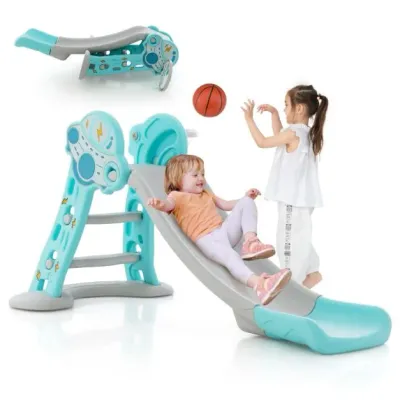 3 in 1 Kinderrutsche &amp; Leiter &amp; Basketballkorb Klappbares Rutschenspielset Blau
