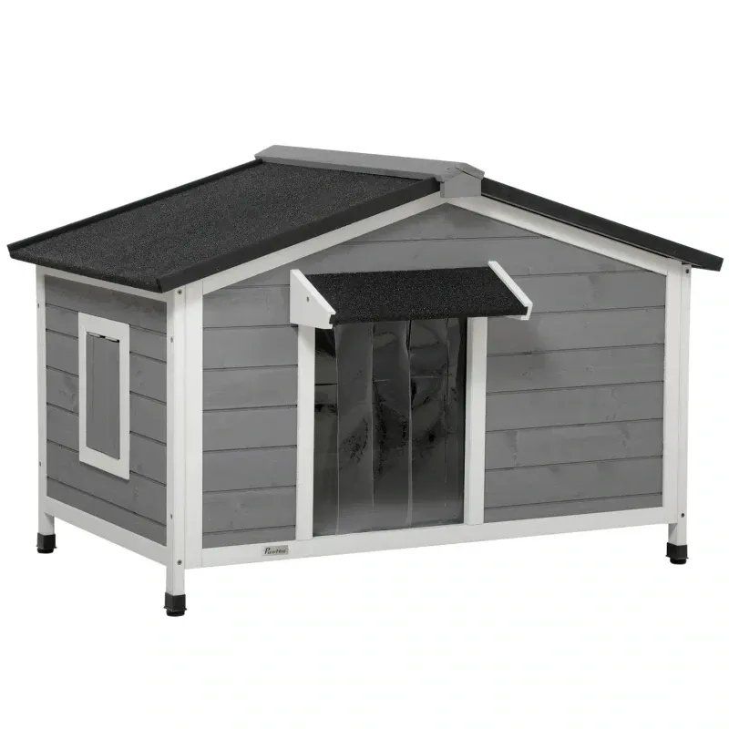 Hundehütte Massivholz – wetterbeständig, Asphaltdach, Grau/Weiss