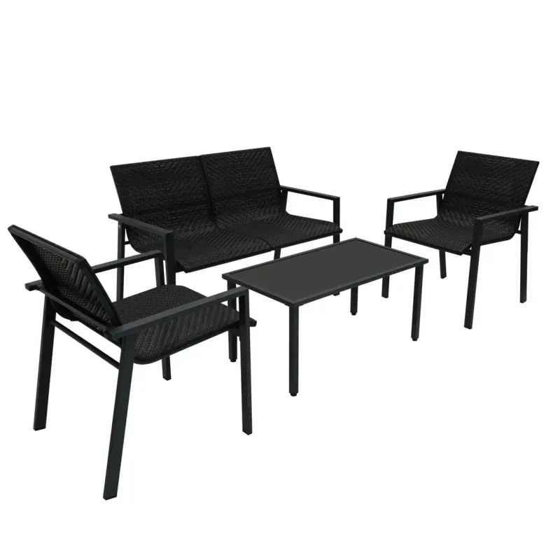 Rattan Terrassenmöbel Set – Schwarz | 4‑teilig, Polyrattan, Glastisch