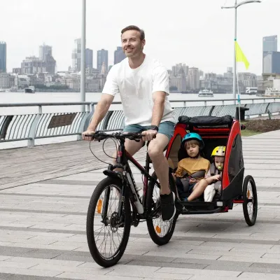 3 in 1 Velo-Anhänger Kinderwagen Fahrradanhänger für 2 kinder Alu Rot+Schwarz