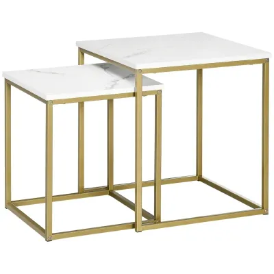 2er-Set Beistelltisch, Couchtisch, Tischplatte in Marmoroptik, Gold + Weiss 2er-Set Beistelltisch, Couchtisch, Tischplatte in Marmoroptik, Gold + Weiss