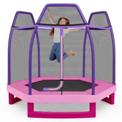 Ø223cm Kindertrampolin mit Sicherheitsnetz bis 150kg belastbar rosa