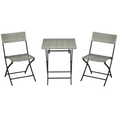 3-tlg. Balkon-Set, 2 Klappstühle, 1 Klapptisch, Rattanoptik, Metallrahmen, hellgrau 3-tlg. Balkon-Set, 2 Klappstühle, 1 Klapptisch, Rattanoptik, Metallrahmen, hellgrau