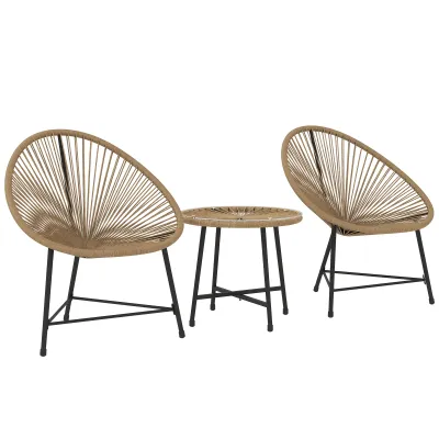 3-teiliges Rattan-Gartenmöbel-Set, 2 Stühle, 1 Tisch mit Glasplatte, Hellbraun