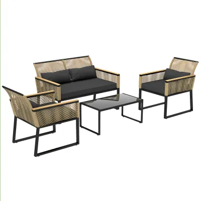 Rattan-Gartenmöbel Set 4 Personen, wetterfest Balkonmöbel-Set mit 2er Sofa, 2 Stühle Glastisch Sitzkissen Schwarz