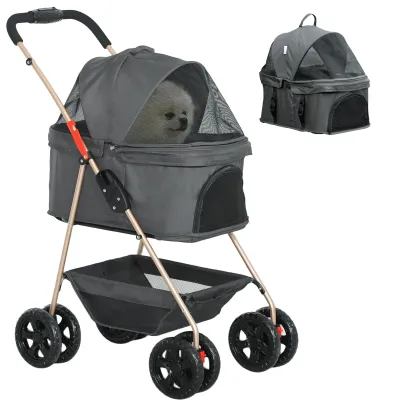 3-in-1-Hundewagen, Hundebuggy, Pet Stroller mit 4 Rädern und abnehmbarer Trage für Hunde und Katzen dunkelgrau