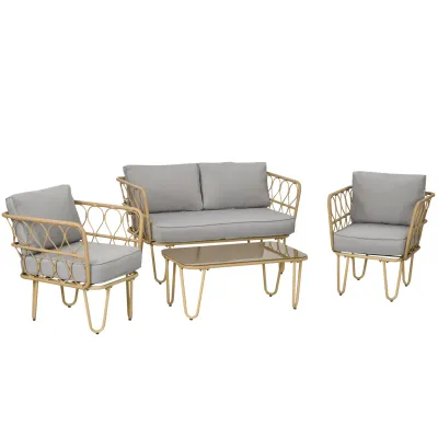 Rattan-Gartenmöbel-Set 2-Sitzer-Sofa + 2 Sessel + 1 Couchtisch mit gehärteter Glasplatte 7 Kissen Beige