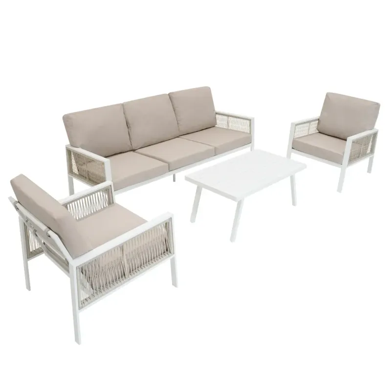 Aluminium Sofagarnitur 4‑teilig – Weiss + 582L Rattan‑Box | Outdoor‑Set