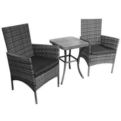 Rattan Bistro Set – Grau | 2 Personen, 5 cm Kissen, Glastisch + Regenschutz