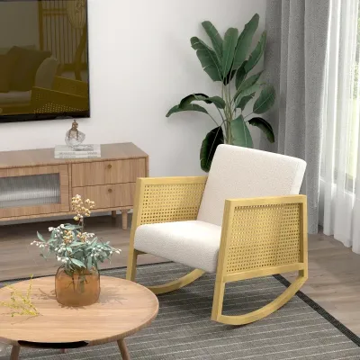 Schaukelstuhl im Boho-Design, Rattan-Dekor, Hellgrau