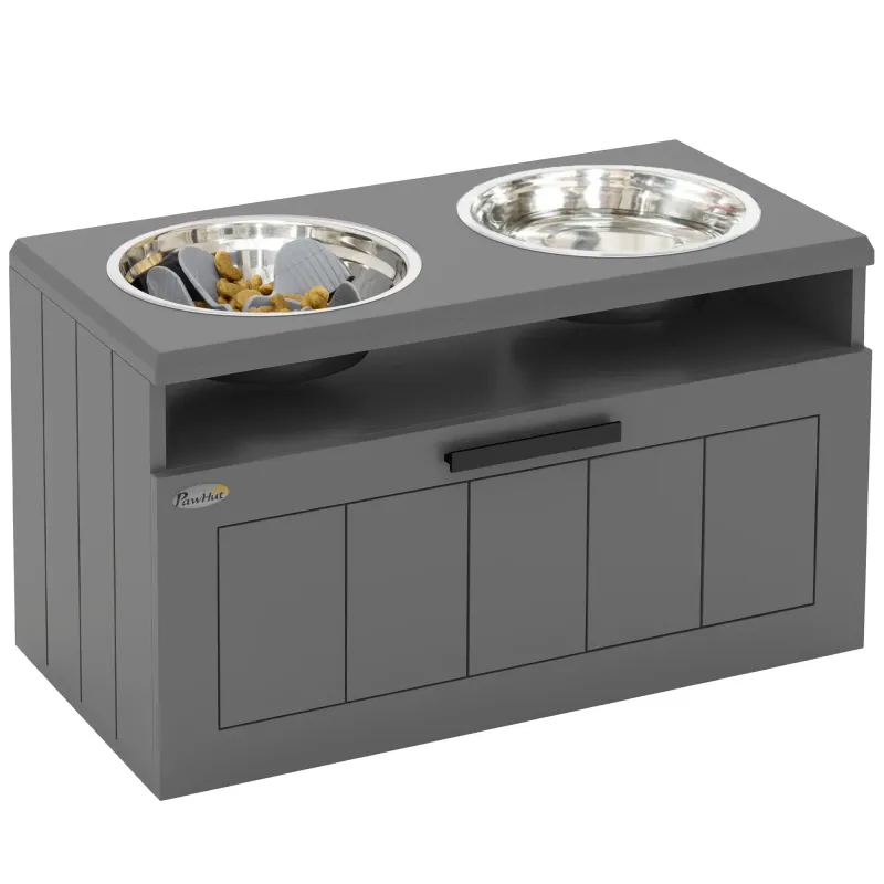 Futterstation grosse Hunde – 2 Edelstahlnäpfe, Schublade, Grau