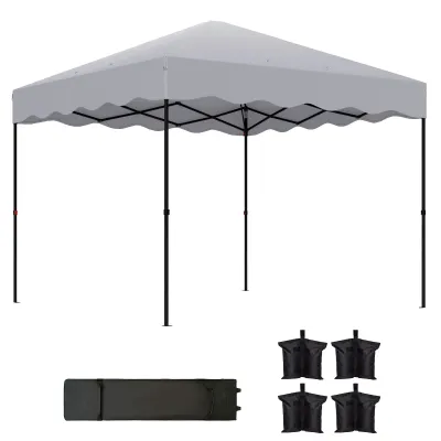 3 x 3 m Pop-up-Pavillon, Höhenverstellbares Gartenzelt, mit Rolltasche und Gewichten, für Garten, Terrasse, Metall, Stoff, Hellgrau