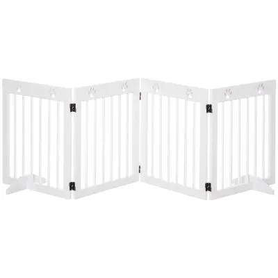 Freistehendes Hunde-Absperrgitter 4 Paneele, 204x30x61 cm, weiss, Kiefernholz, Pfotenmuster, klappbar