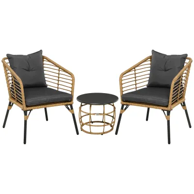 3-teiliges Bistro-Set, Rattan, 1 Beistelltisch, 2 Stühle, Sand+Dunkelgrau