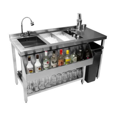 Cocktail Bar Station aus Edelstahl #304 | 67 l Eisbehälter, Spülbecken mit 360° Mischbatterie, inkl. Boston Shaker