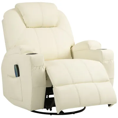 Massagesessel – Cremeweiss | 8 Punkte, 135° Liege, 360° drehbar, Schaukel, Becherhalter