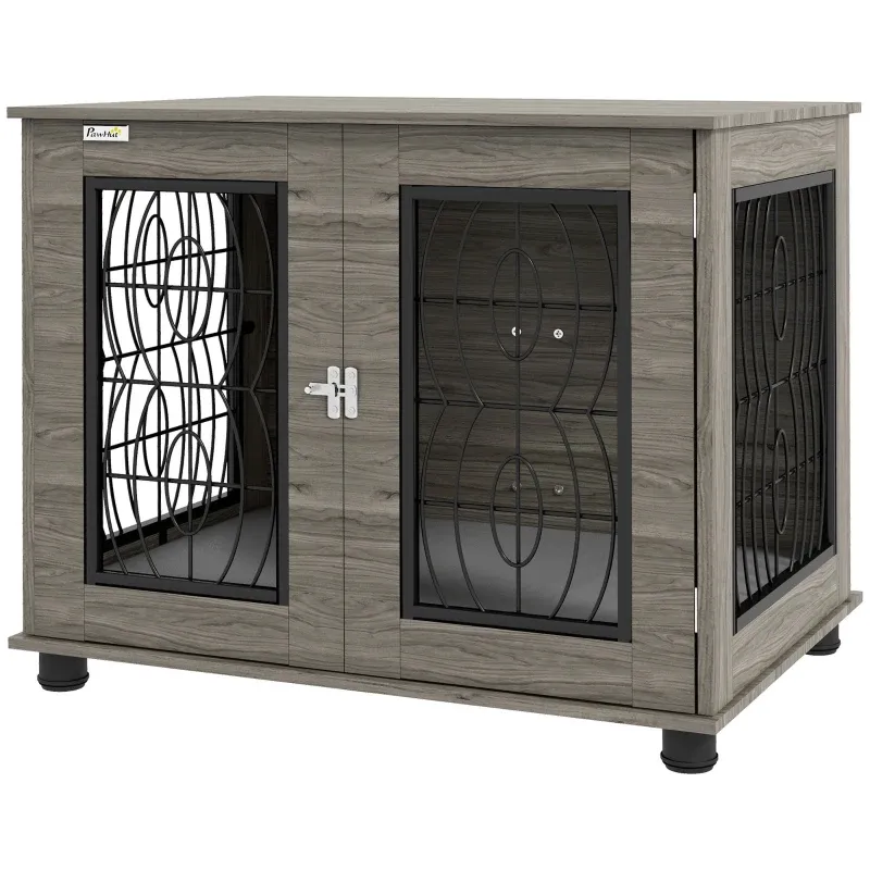 Heim-Hundebox (80x56x63cm) – Liegekissen, bis 20kg, Grau/Holzdekor