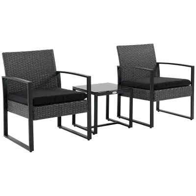 3-teiliges Rattan-Gartenmöbel-Set  2 Stühle mit Kissen + Couchtisch mit gehärteter Glasplatte Schwarz