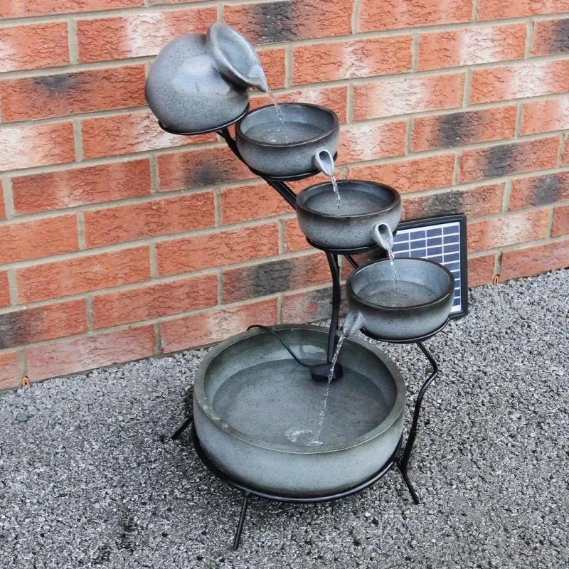 Solar Springbrunnen Kaskadenbrunnen mit Akku – Grau, Harz, 56x44x50cm, 7m Kabel
