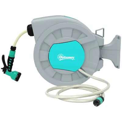 Gartenschlauchtrommel mit 25+2 Meter in robustem Gehäuse, Wandhalterung, 7 Sprühmuster, 180° drehbar, Grau