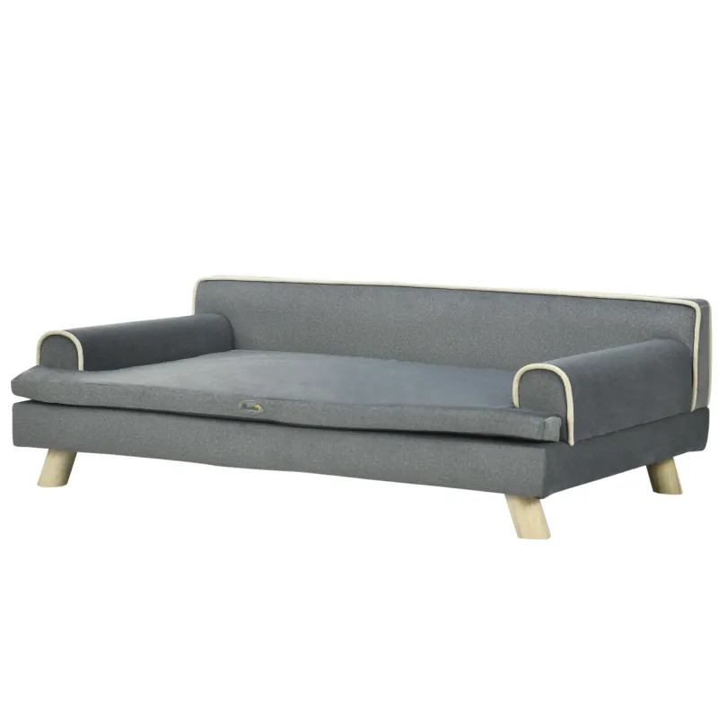 Design-Hundesofa mit weichem abnehmbarem Kissen und massiven Holzbeinen 100 x 62 x 32 cm grau