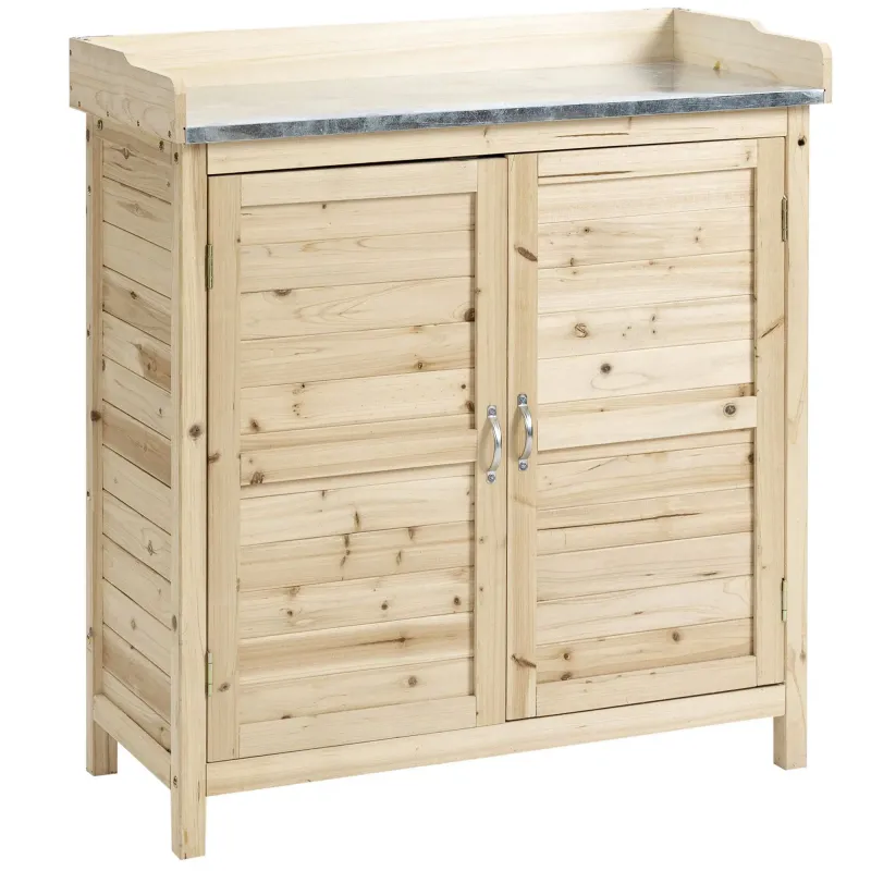 Gartenschrank mit 2 Fächern, Metall-Arbeitsplatte mit Aufkantung, Naturholz, 83 x 40 x 92 cm