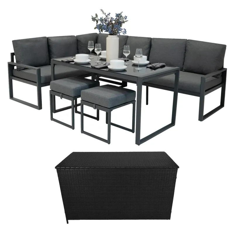 Aluminium Ecksofa‑Set 5‑teilig – Anthrazitgrau + 582L Rattan‑Box