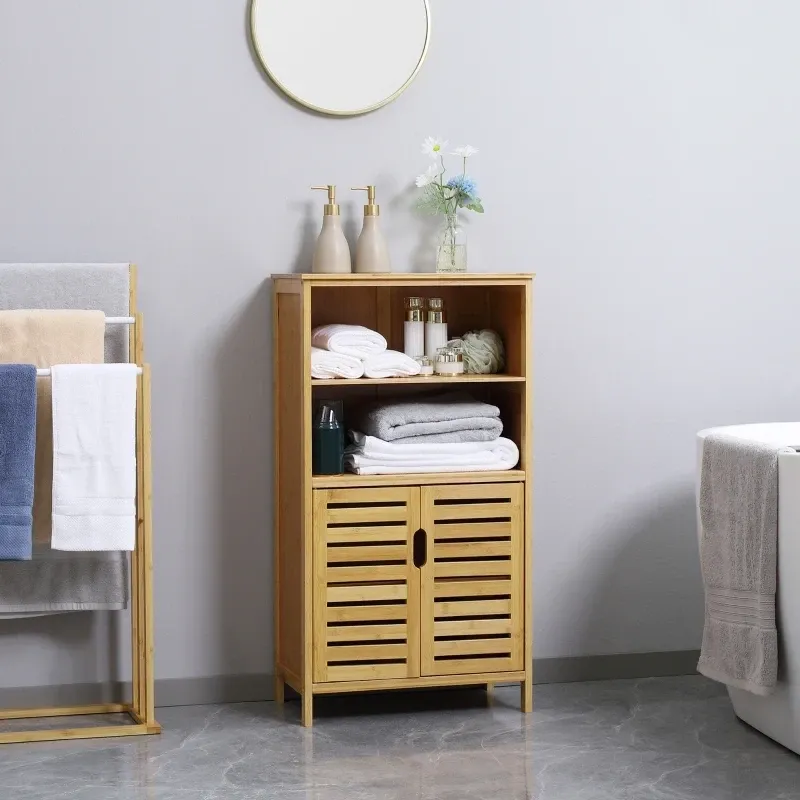 Badzimmerschrank Kommode aus Bambus, mit Lamellentüren, Natur