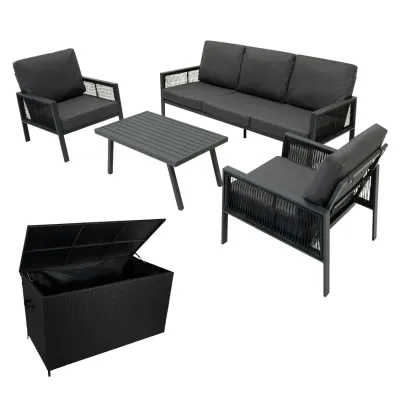 Aluminium Sofagarnitur 4‑teilig – Anthrazitgrau + 582L Rattan‑Box