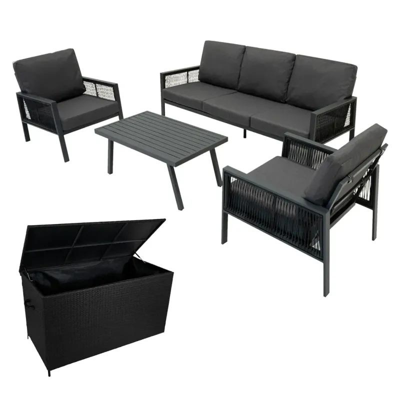 Aluminium Sofagarnitur 4‑teilig – Anthrazitgrau + 582L Rattan‑Box