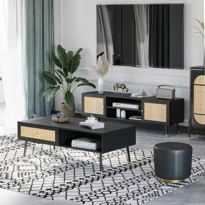 Rattan-Couchtisch im Boho-Design, Schwarz + Natur