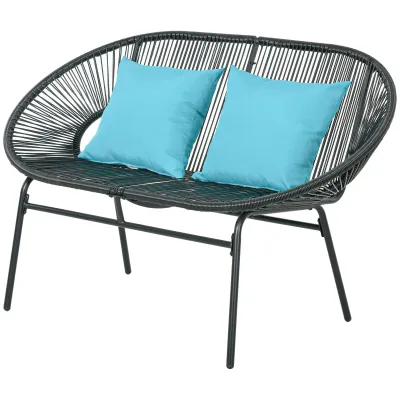 Gartenbank 2-Sitzer aus Metall und PE-Rattan-Seil mit 2 Kissen - Schwarz