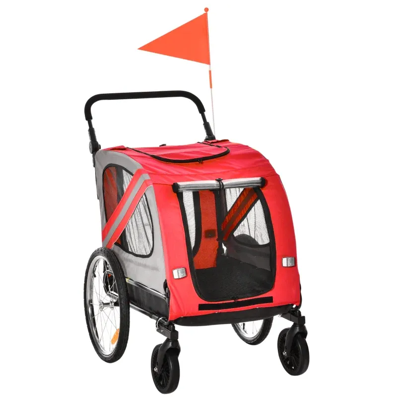 2-in-1 Velo-Hundeanhänger Hundebuggy bis 20 kg, rot, Sicherheitsleine, Reflektoren, Flagge, 140 x 72,5 x 108 cm
