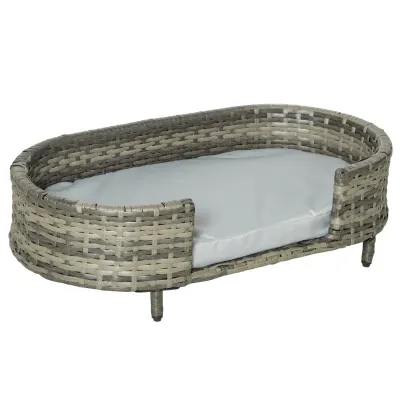 Hundebett, Katzenbett aus Rattan inkl. Kissen Braun + Grau