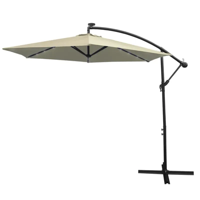 3m Ampelschirm creme mit LED – 24 LEDs, Kurbel, 160g Polyester, 360° drehbar