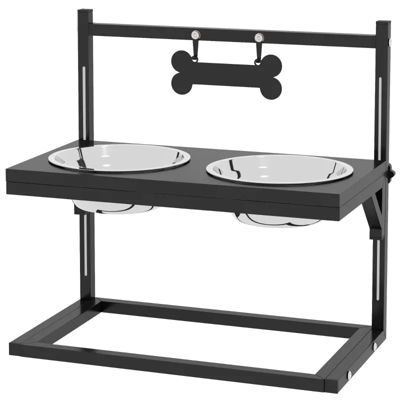 Futterstation erhöht – Edelstahlnäpfe, 40,5x22x39cm, Schwarz/Silber
